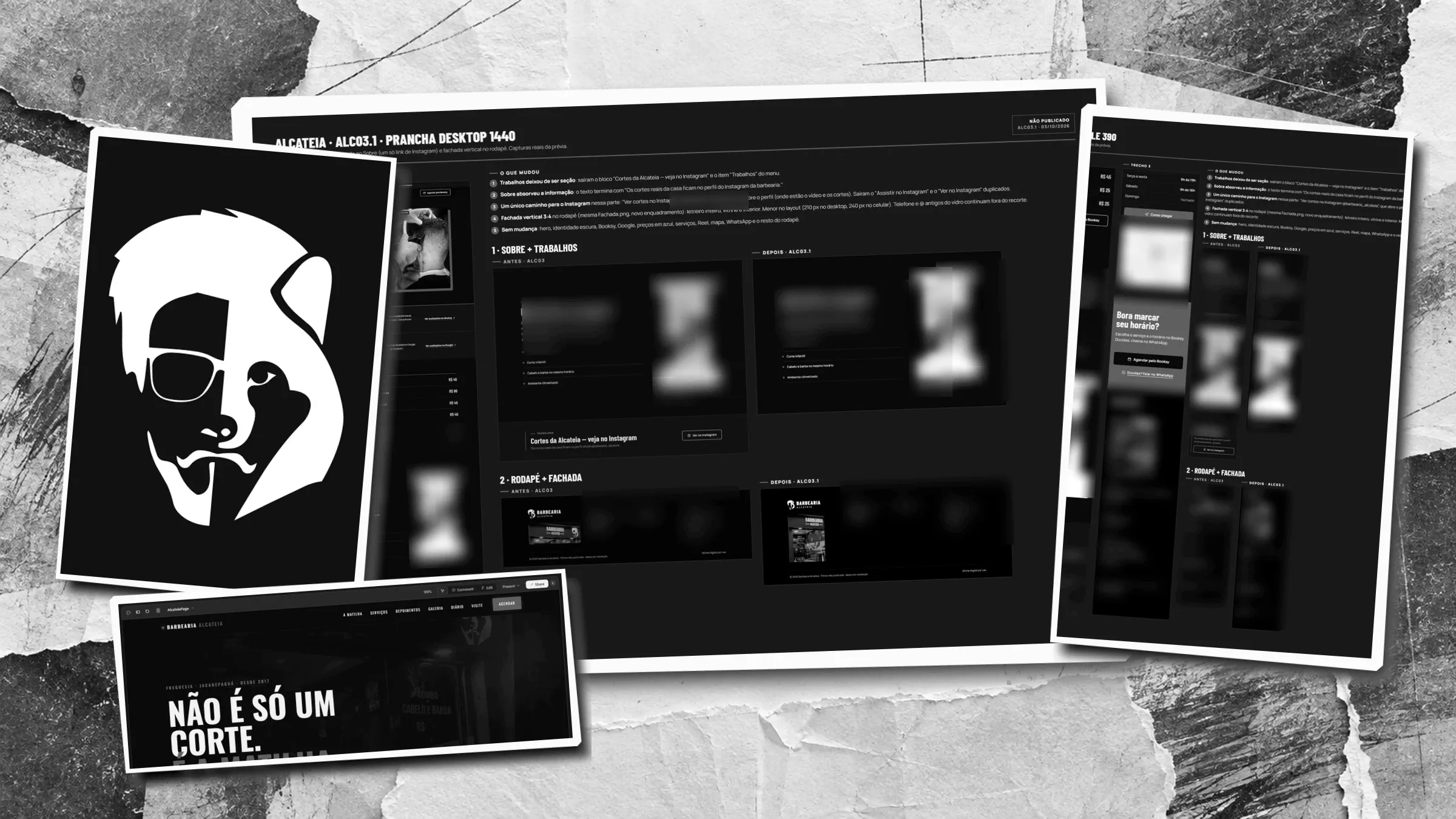 Colagem com o símbolo da Barbearia Alcateia e pranchas escuras da proposta de site para computador e celular. Dados de contato desfocados.