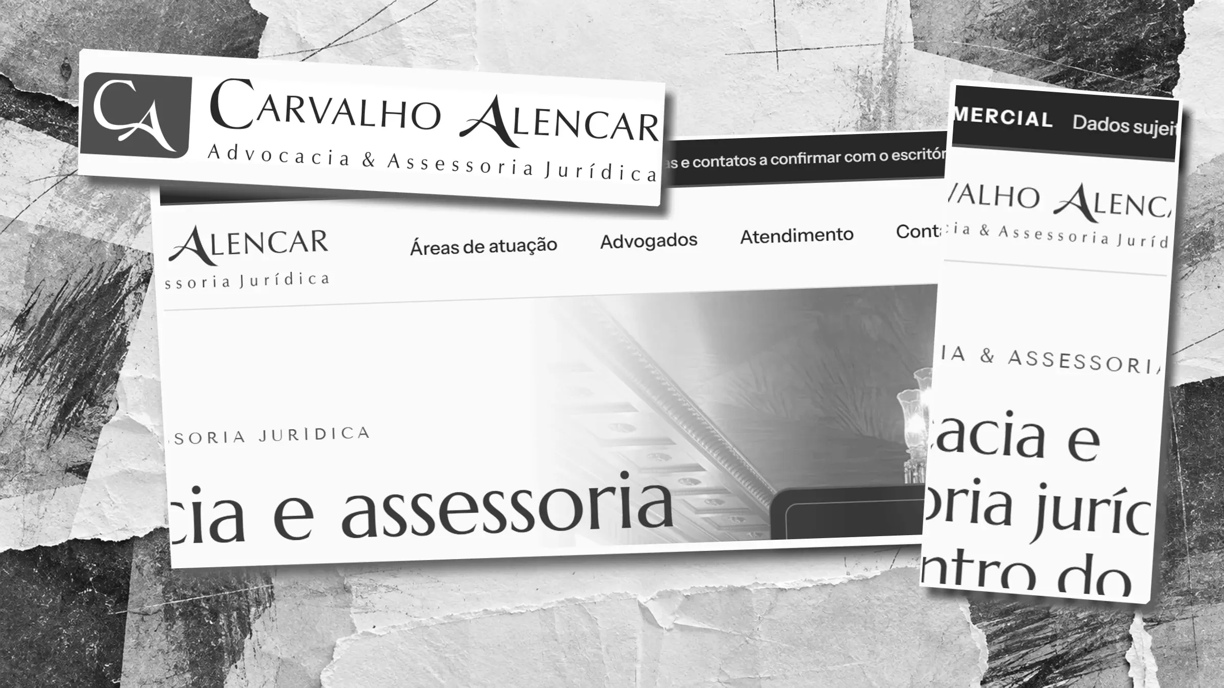 Colagem com o logotipo Carvalho Alencar e recortes do topo da prévia do site no computador e no celular.