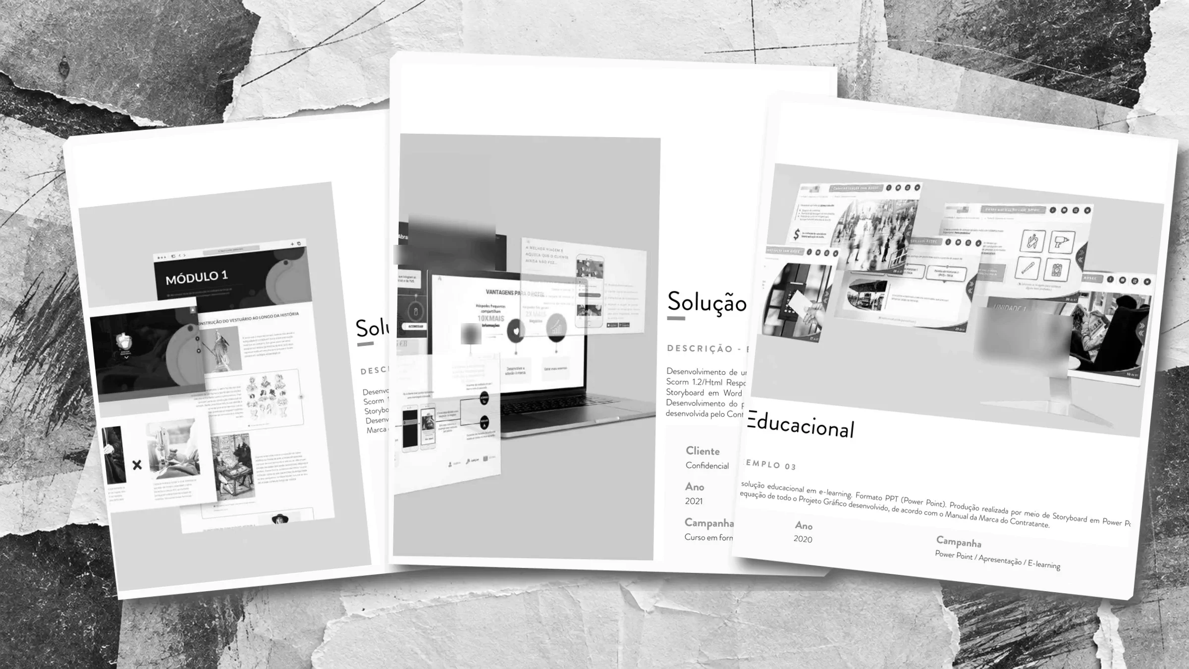 Colagem com registros de telas de cursos e-learning produzidos para um cliente confidencial. Identificações desfocadas.