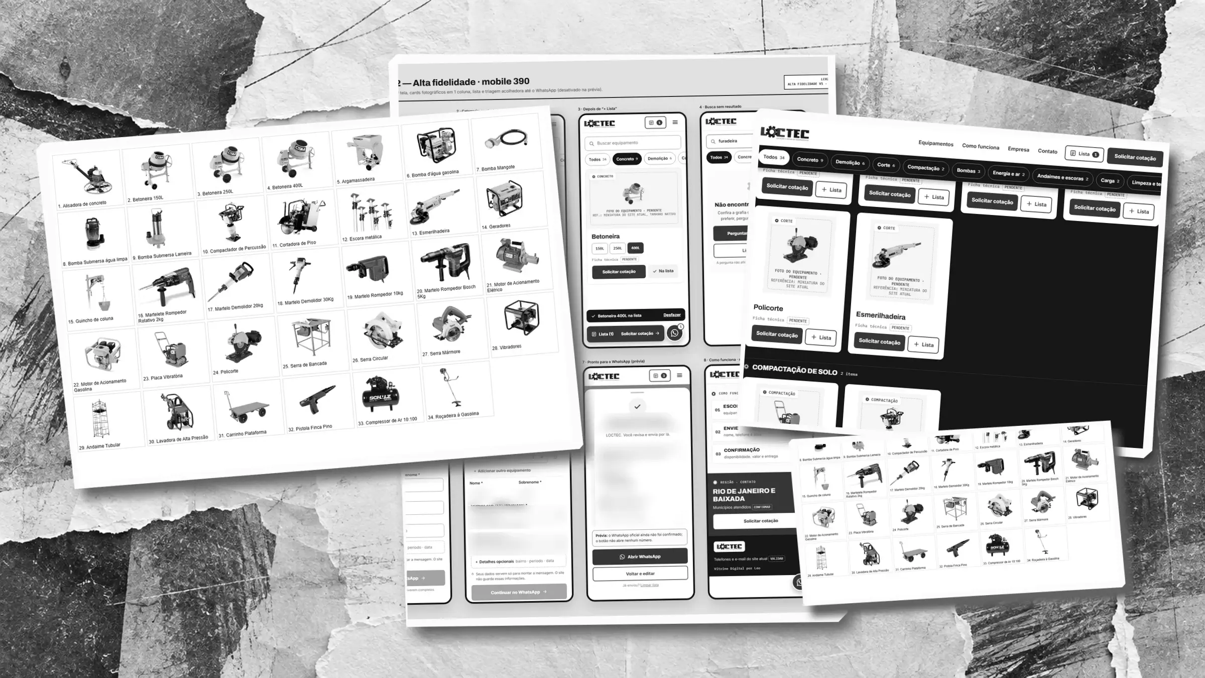 Colagem com o inventário de equipamentos do cliente e telas de catálogo e filtros da prévia LOCTEC. Dados do formulário desfocados.