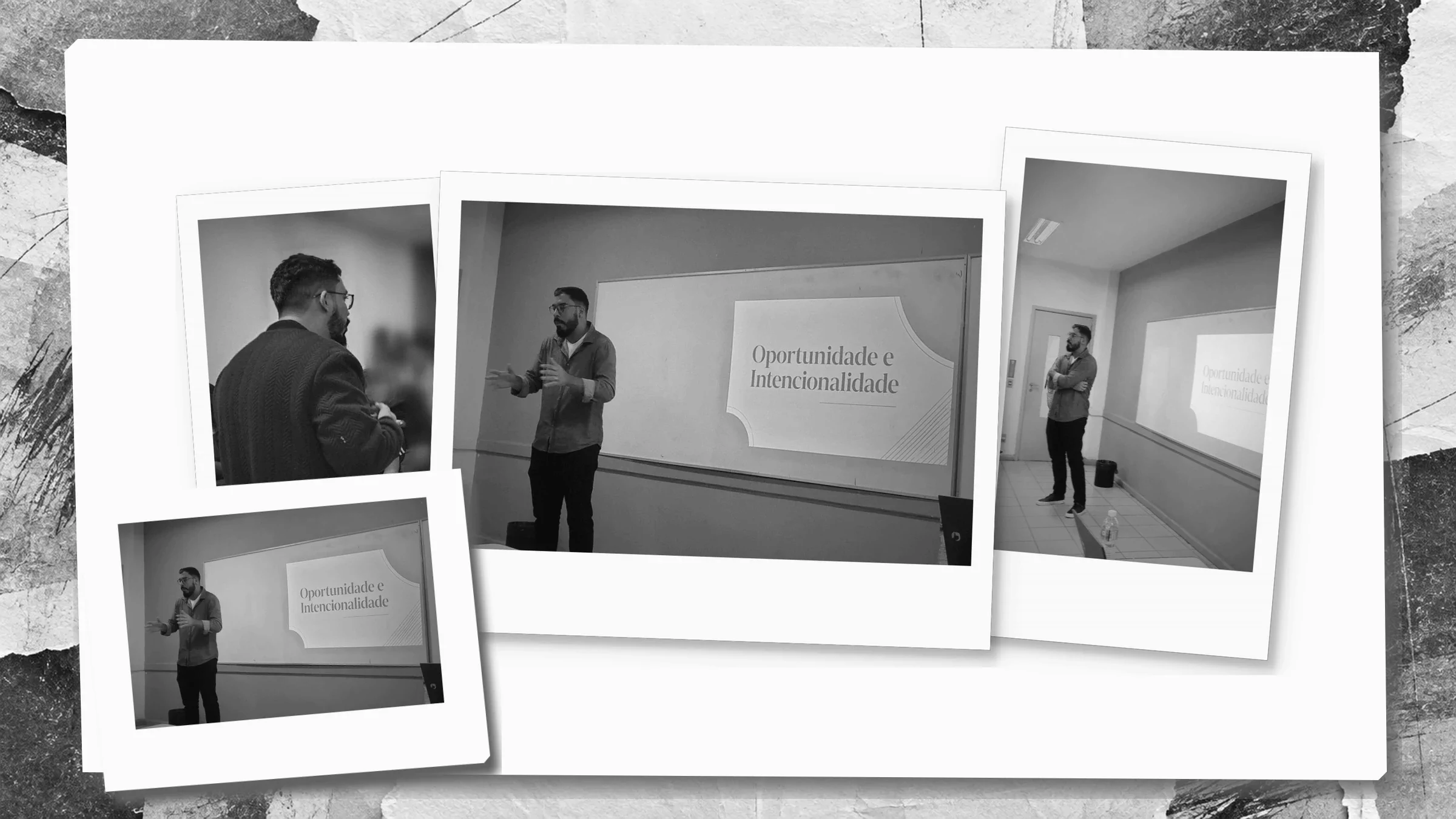 Colagem de fotos instantâneas da palestra “Oportunidade e Intencionalidade”, com o palestrante diante do slide de abertura. Plateia não identificável.