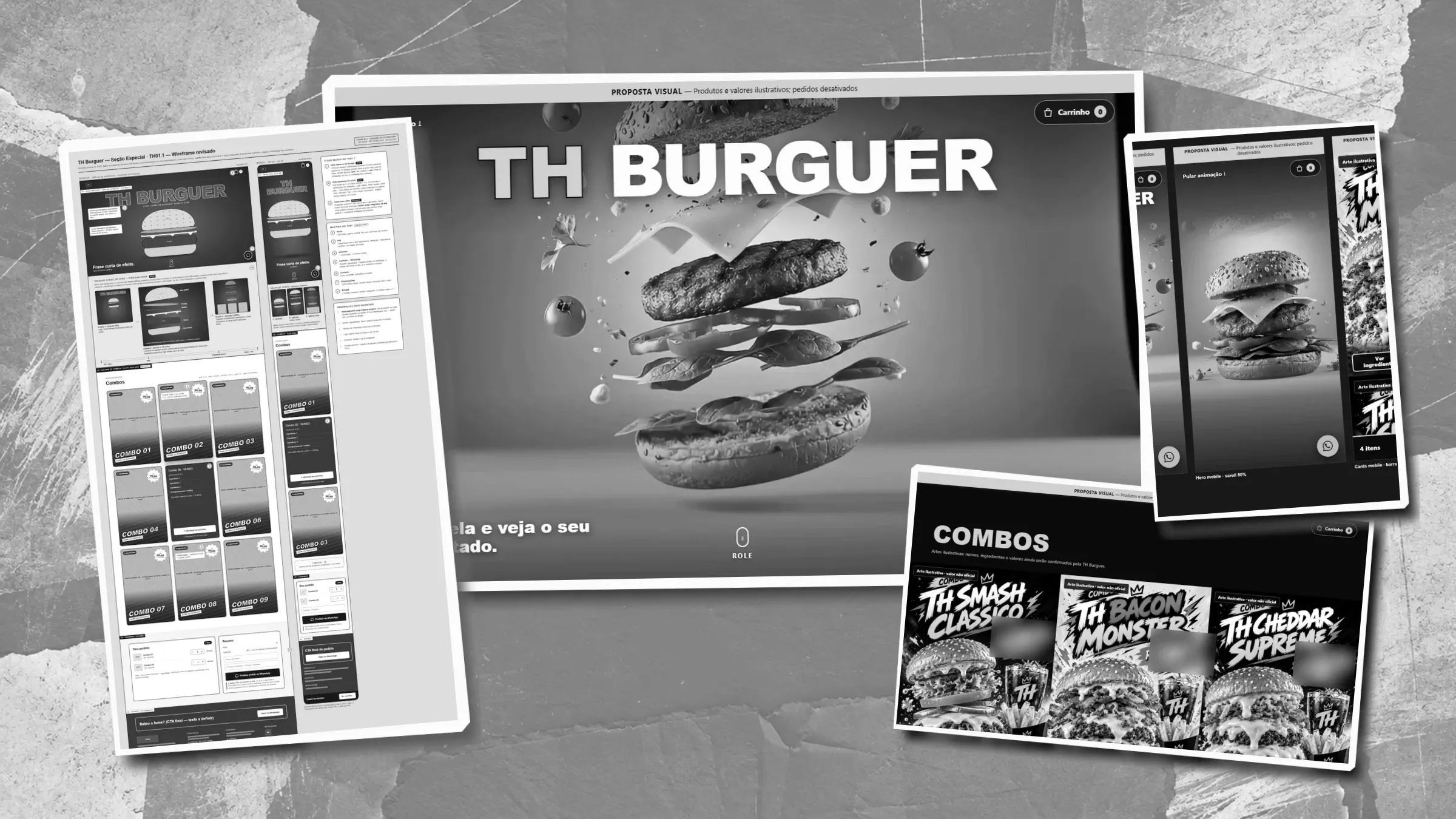 Colagem com o wireframe, a abertura com o hambúrguer em camadas e cartazes ilustrativos de combos da proposta TH Burguer. Preços removidos.