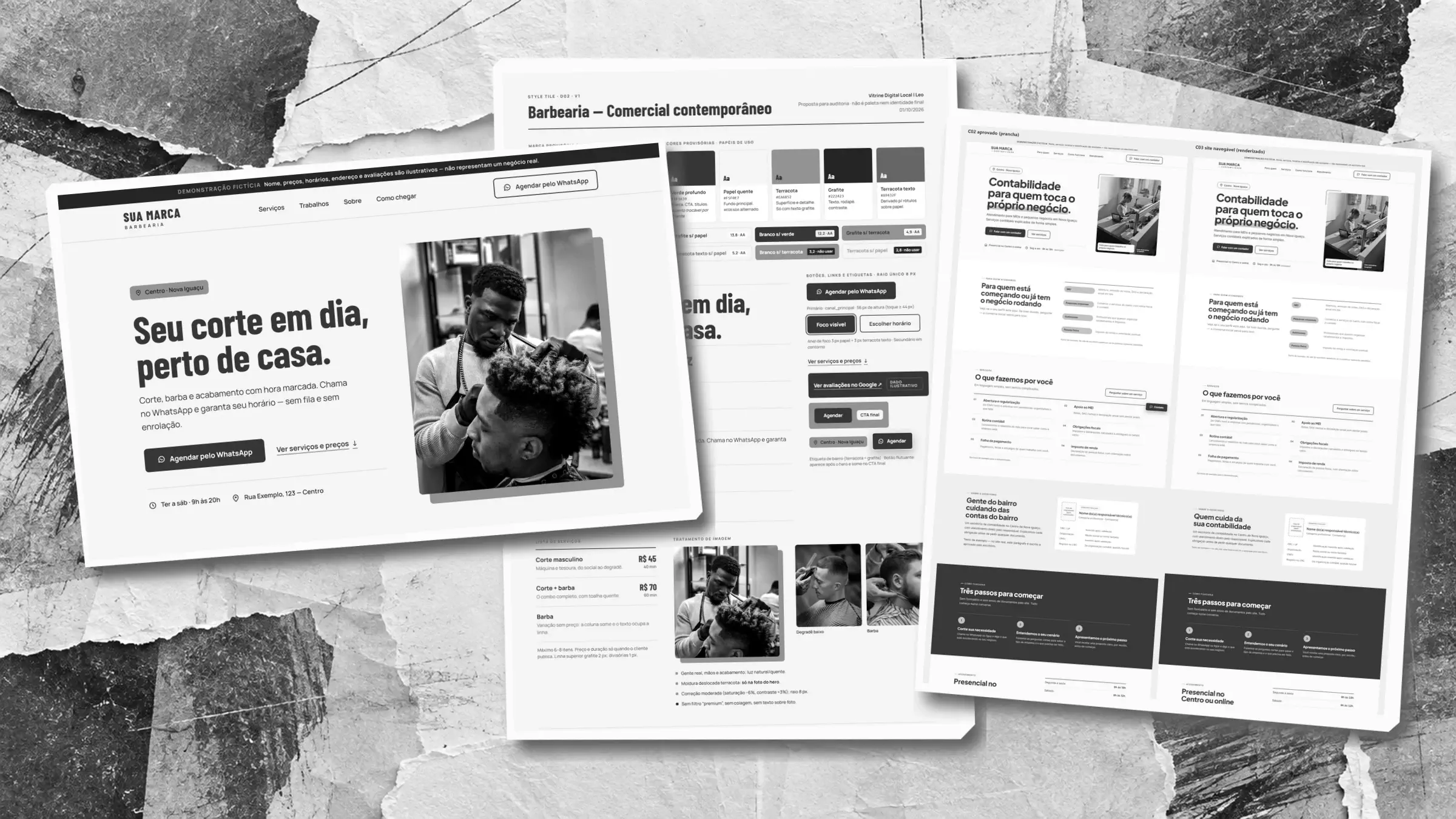 Colagem com o style tile e telas de demonstração da Vitrine Digital Local, preenchidas com conteúdo fictício de exemplo.