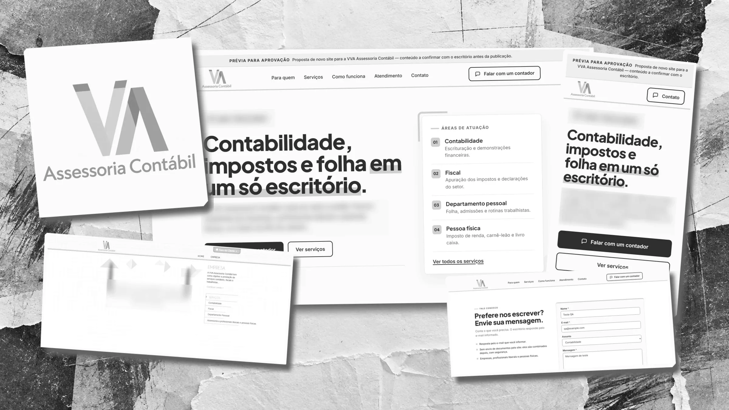 Colagem com o logotipo VVA Assessoria Contábil, uma captura do site anterior e telas da prévia do novo site. Depoimento e localização desfocados.